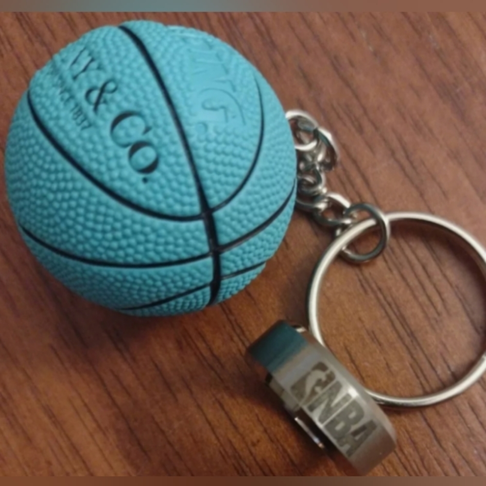 NEW! SPALDING BASKETBALL KEYCHAIN w/SIZE 9 SILVER PLATED SPORTS RING AND POSTER!